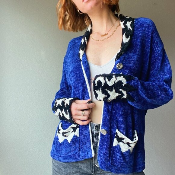 Vintage Co & Eddy Blue Chenille Button Up Cardigan w/ Star Moon Print Trim - Picture 3 of 8